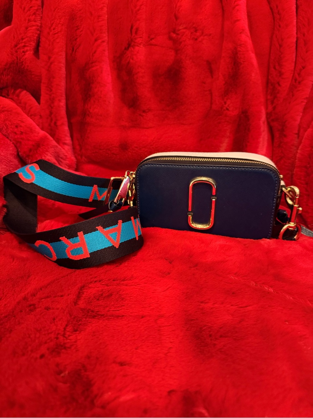 Marc Jacobs Navy/Cement Snapshot Crossbody w/ Black, Red, Blue Strap